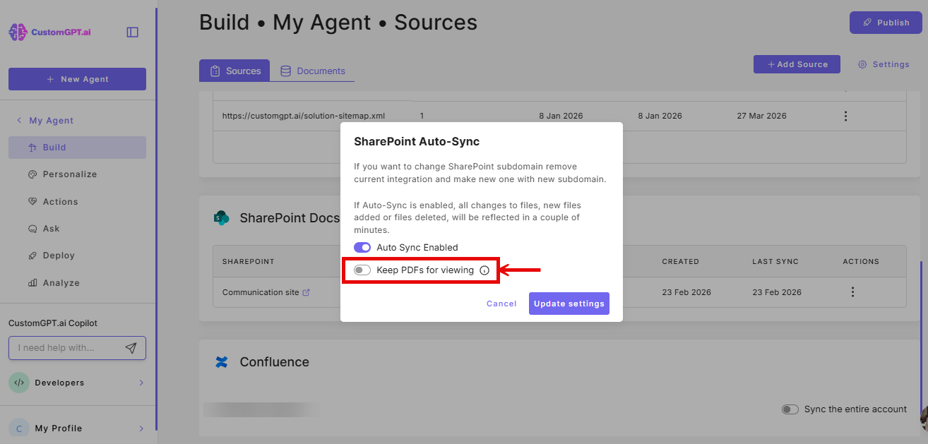 Keep PDFs for viewing toggle on sharepoint auto-sync modal