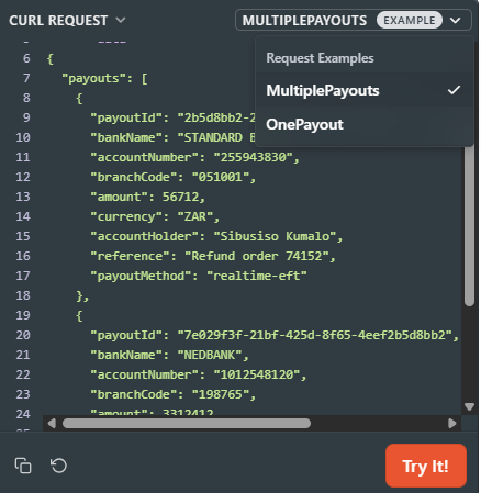 Example API call paying multiple customers.