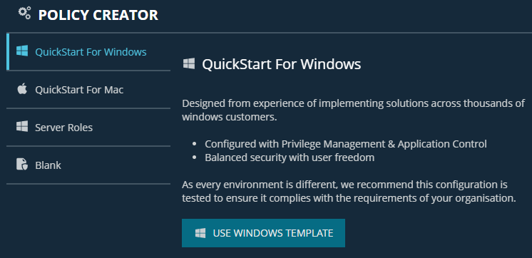 Select a QuickStart template