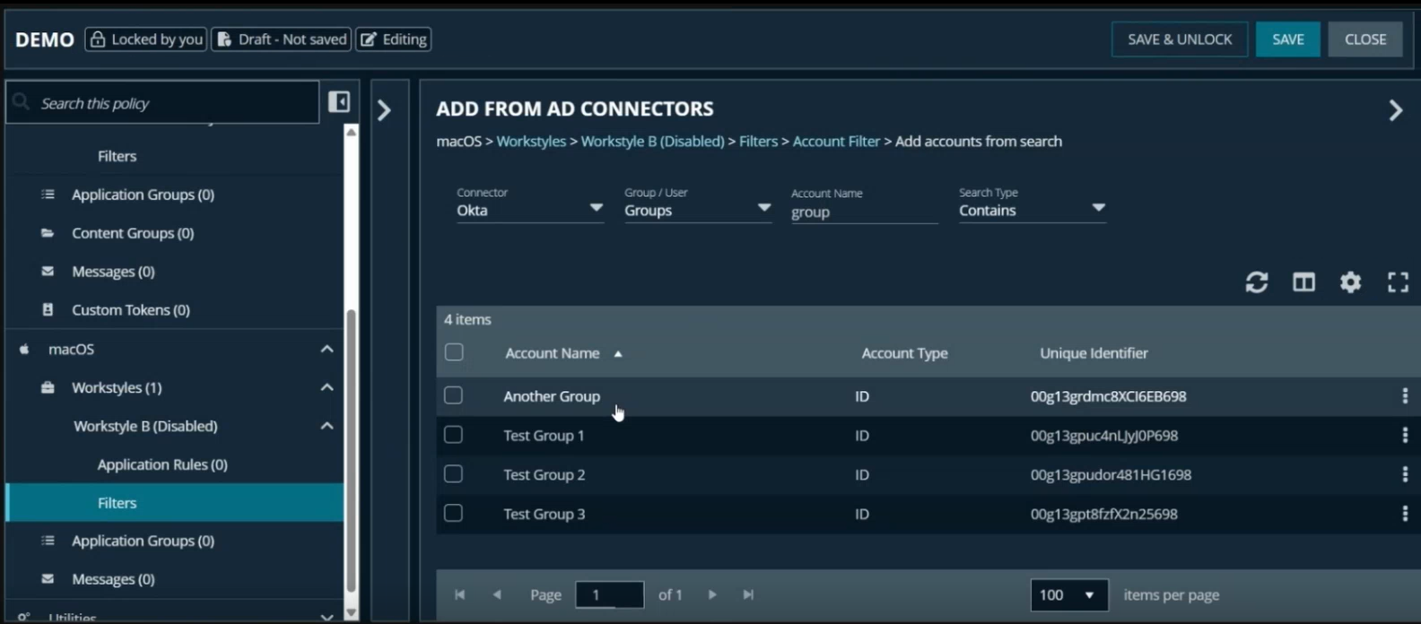 Add from AD Connectors screen showing Okta group search results with account names and unique identifiers.