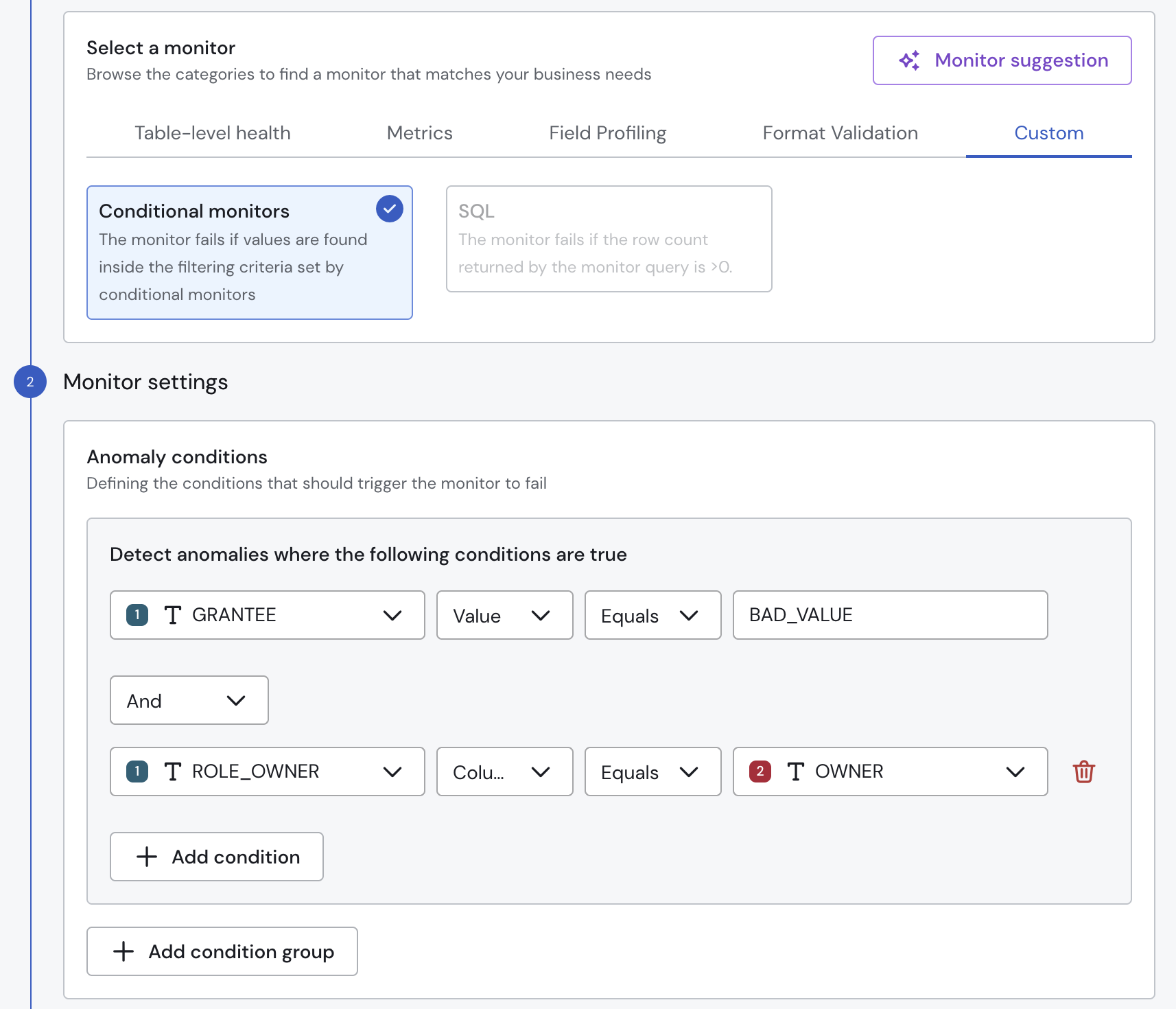 Specifying the monitor conditions