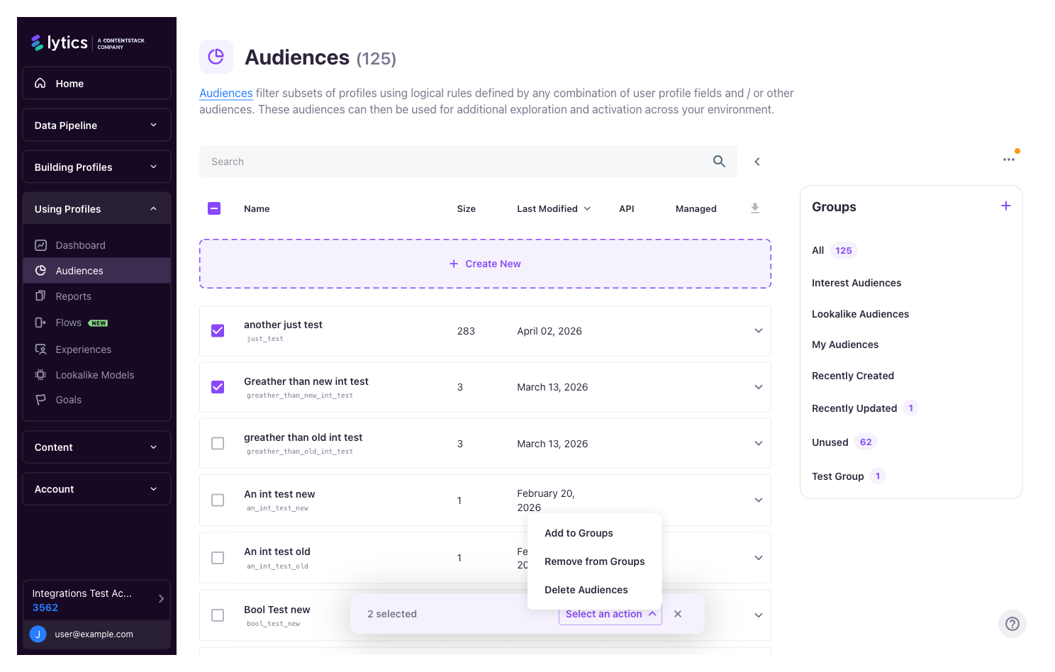 Batch action menu — Add to Groups / Remove from Groups / Delete Audiences