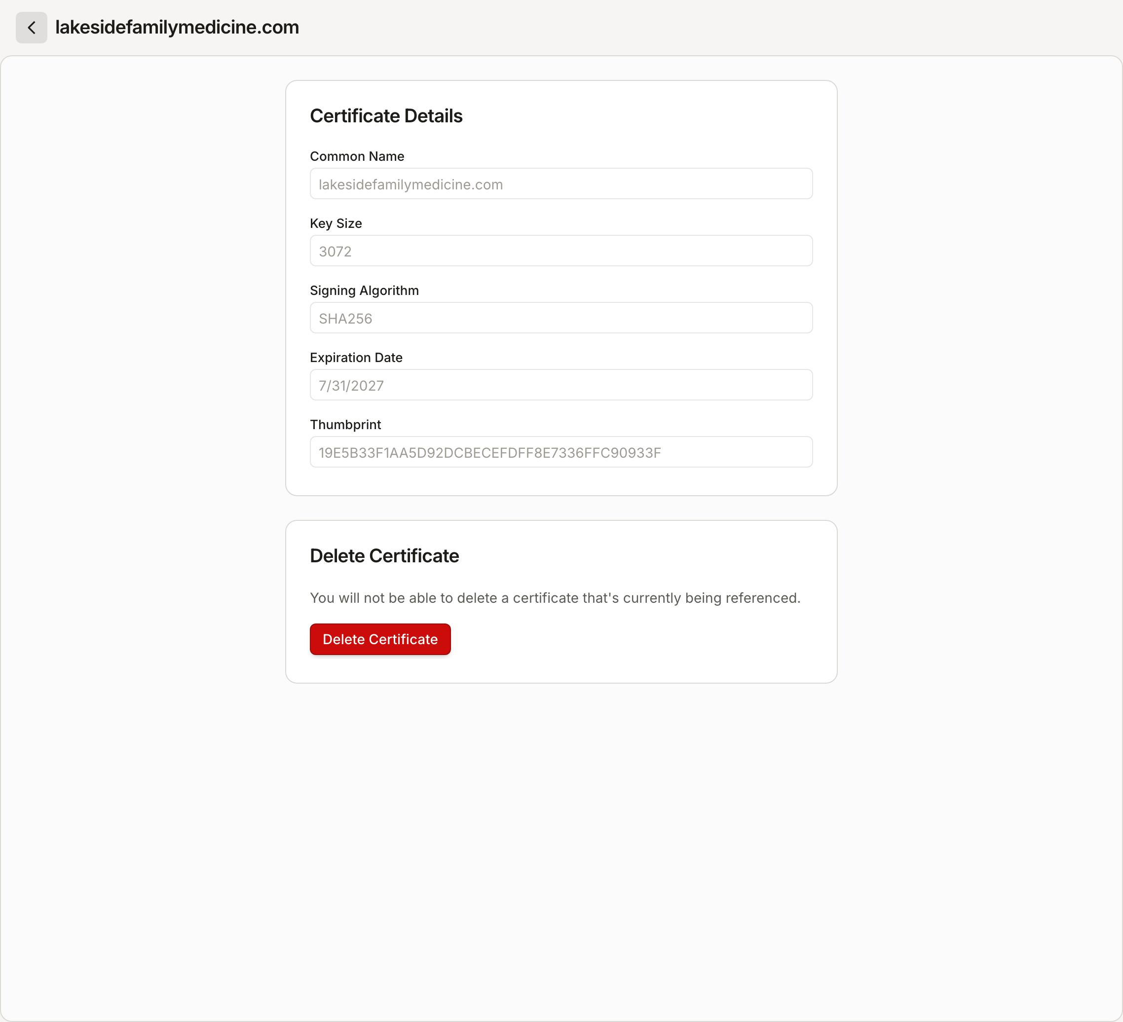 A generated certificate's read-only details, including the Thumbprint. Certificates cannot be edited after creation.