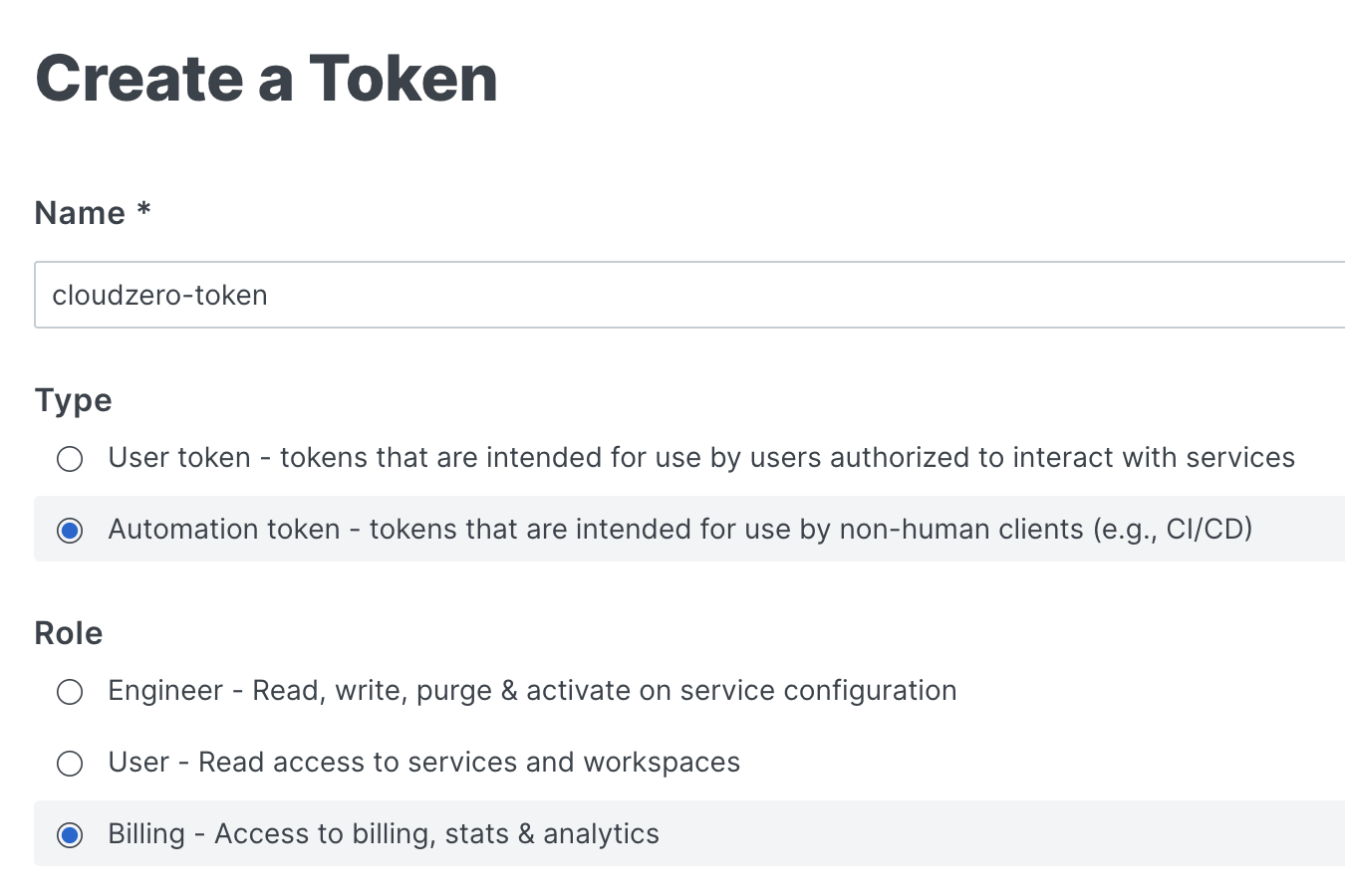 Example API token configuration in Fastly