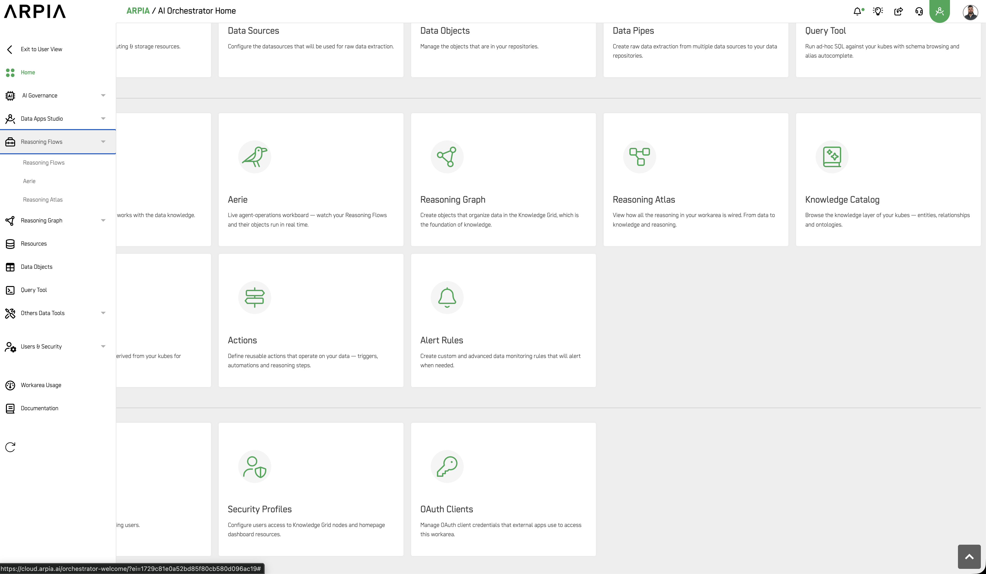 Side menu with Reasoning Flows expanded showing Reasoning Flows, Aerie, and Reasoning Atlas