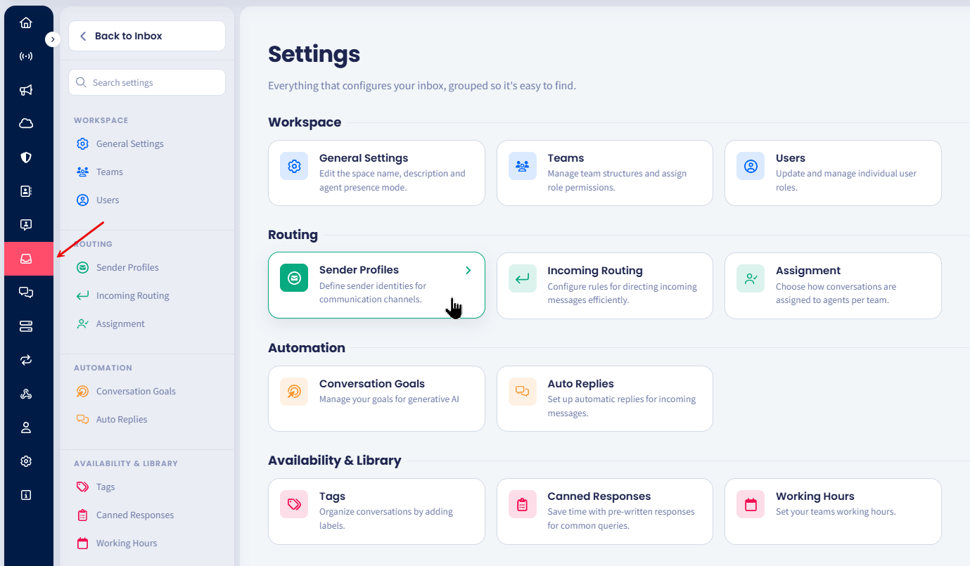 Screenshot of the Inbox Sender Profiles page