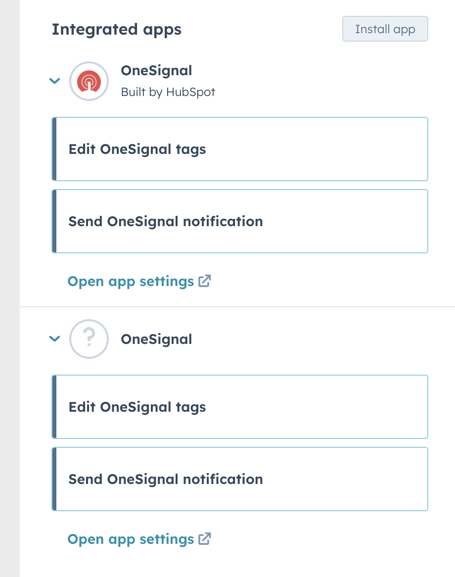 The menu of actions when both legacy and new OneSignal apps are installed. Use the one that doesn't say "Built by HubSpot".