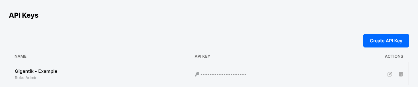 An example API key with the edit icon (L) and trash can icon (R)