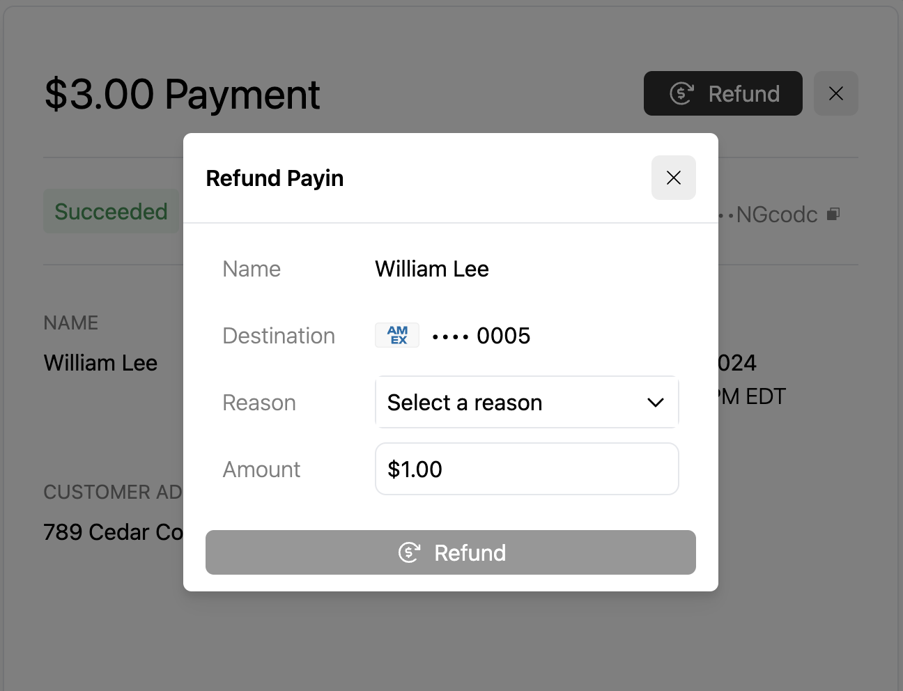 Refund modal for "refund" with a partial amount of $1.00