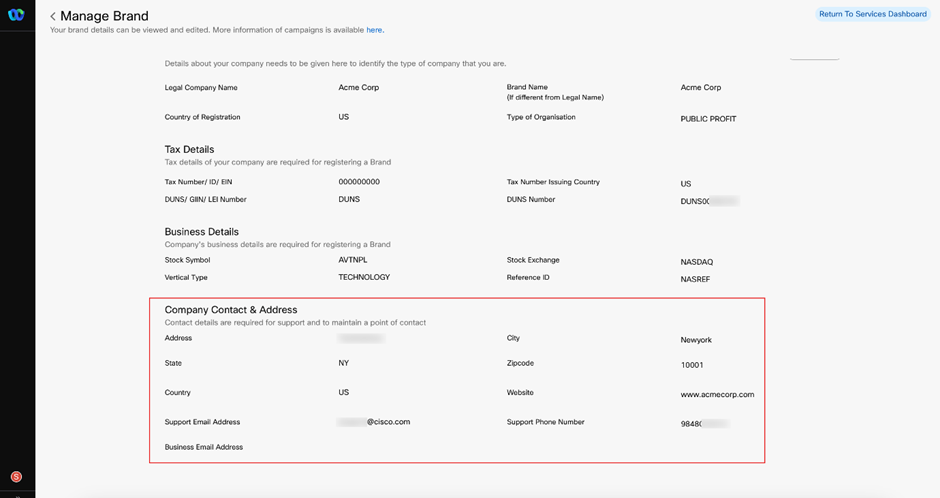 Screenshot of Manage Brand Form >Company Contact & Address Section to update the correct business email address,