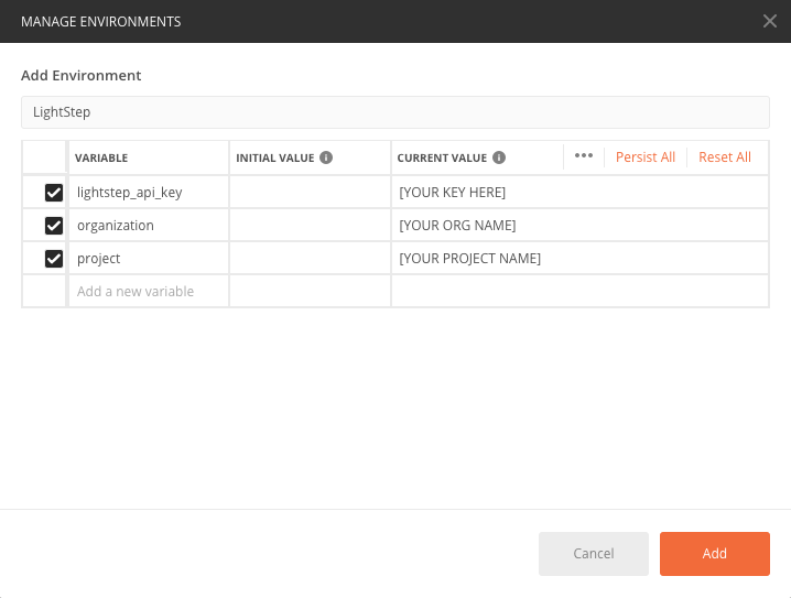 Setting up Environments in Postman.