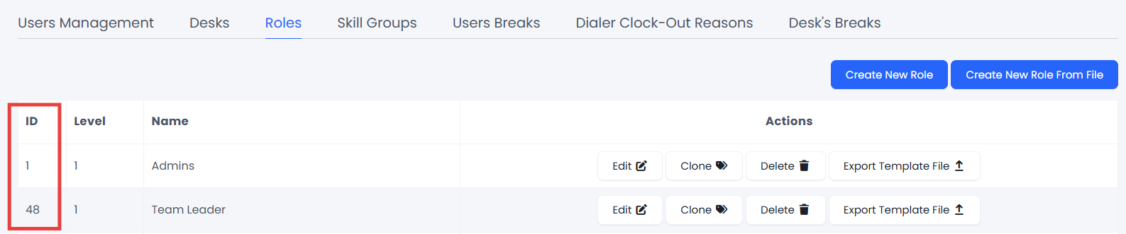Screenshot of the Roles tab in Users Management