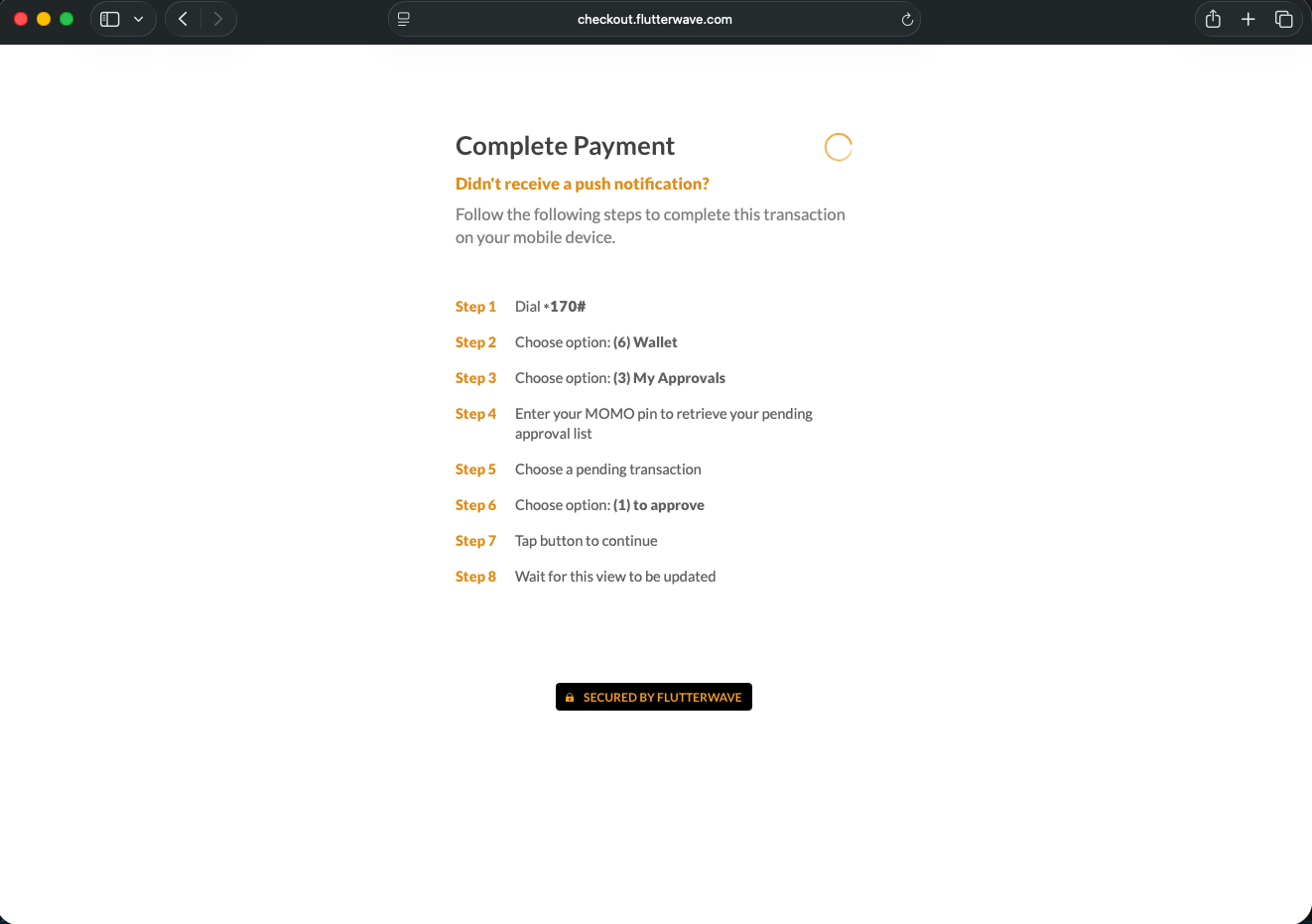 Complete Payment page with a loading indicator and manual USSD approval steps