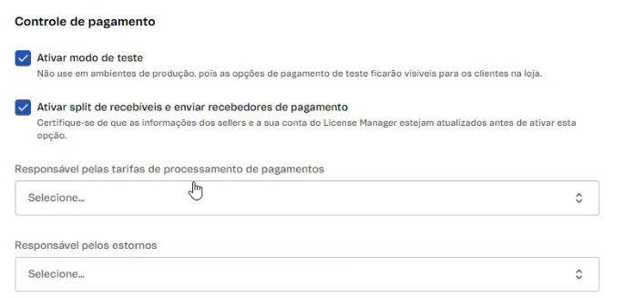 Configuração de modo teste, split de recebíveis e definição de responsáveis por tarifas.