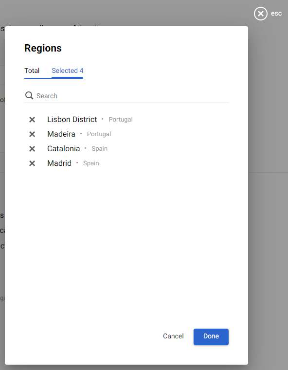 List of selected regions