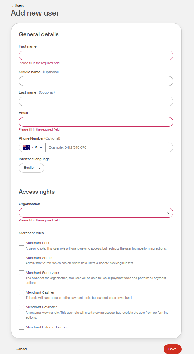 The new user details form in the dashboard.