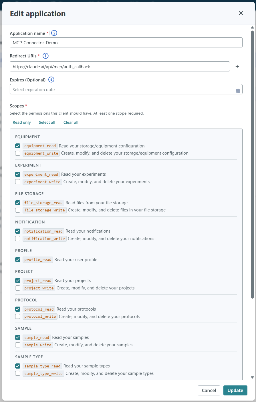 SciSure Research OAuth application configured with the Claude callback URL and read-only scopes