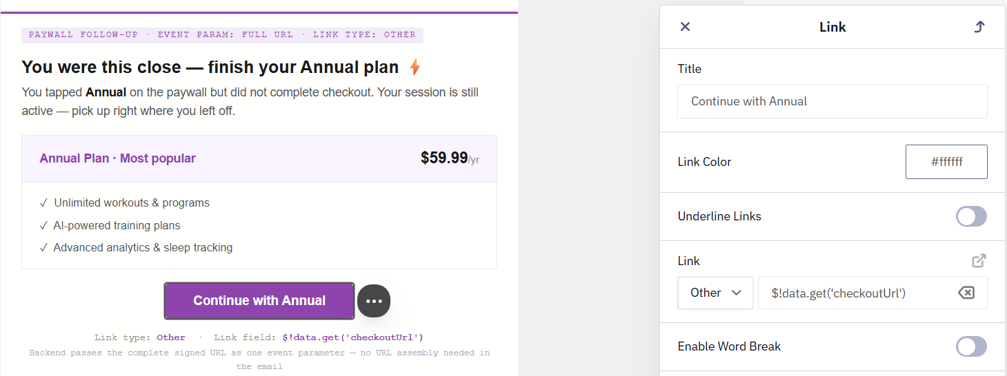 FitPulse paywall follow-up email with the Continue button; the Link field holds $!data.get('checkoutUrl') and the Link type is set to Other.