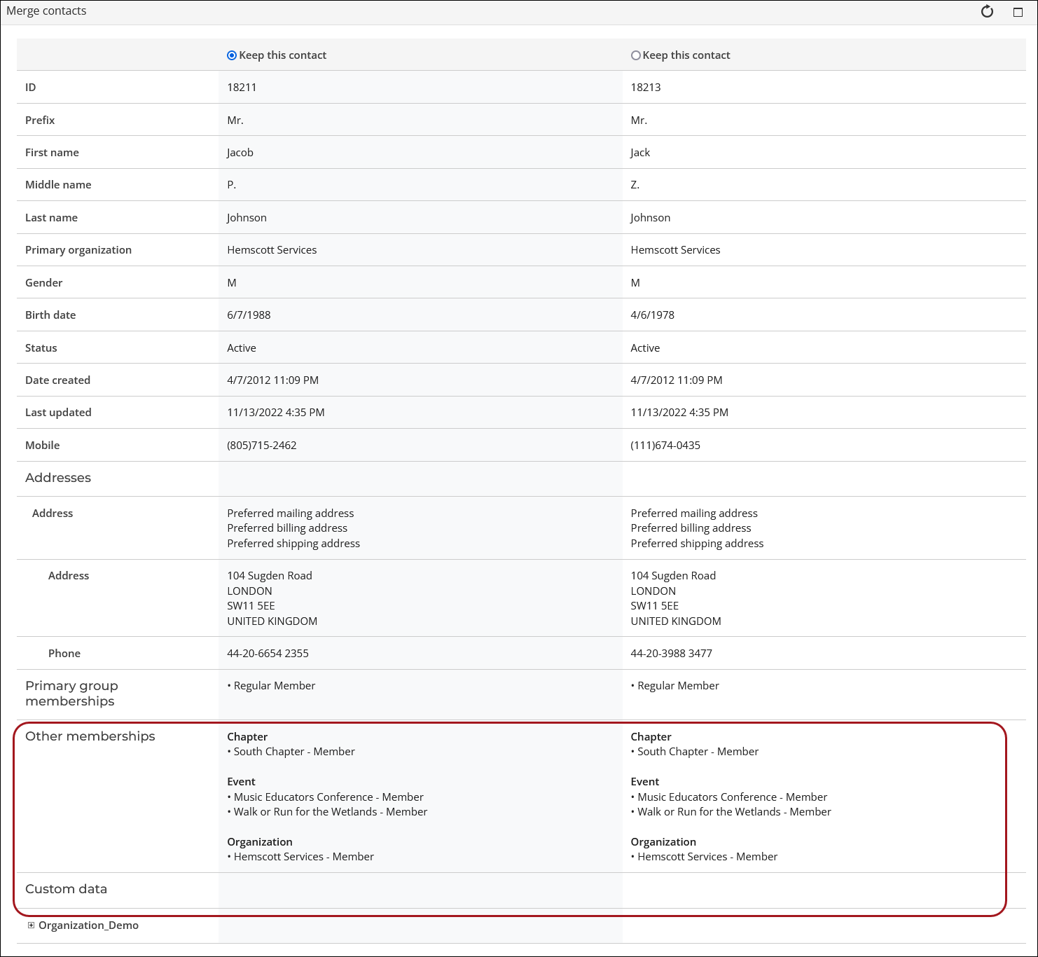 Merge contacts window with side by side view of what is retained and what is lost
