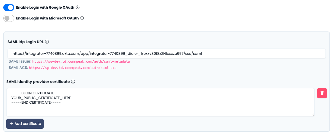 Screenshot of Login Configuration with SAML URL highlighted