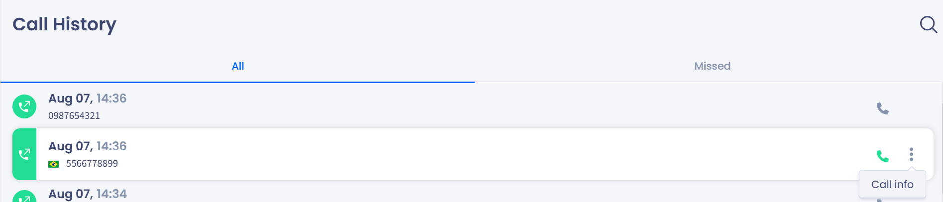 Screenshot of the Call info option