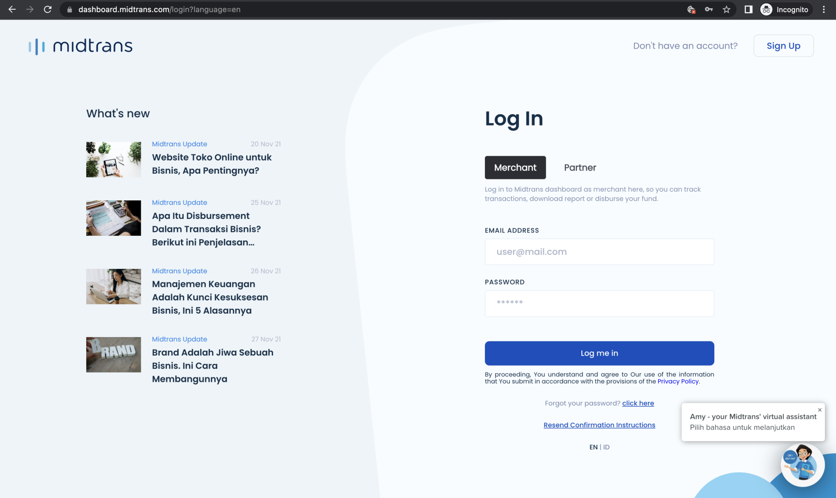 Login page