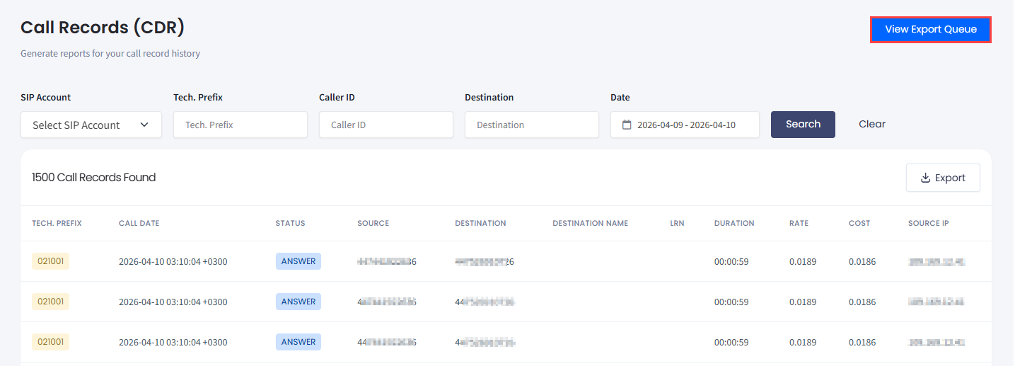 Screenshot with the View Export Queue button