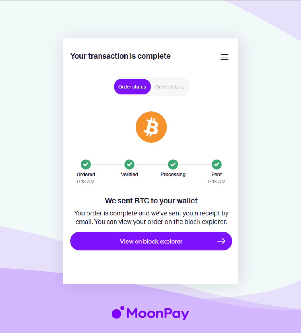 Transaction tracker UI in MoonPay app.