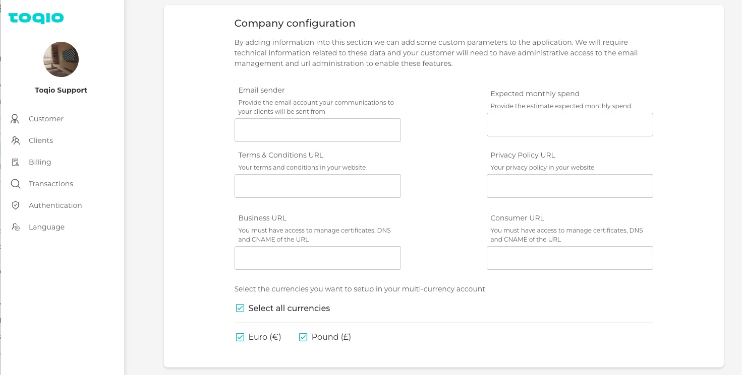 Modulr expected monthly spend field in the Admin portal