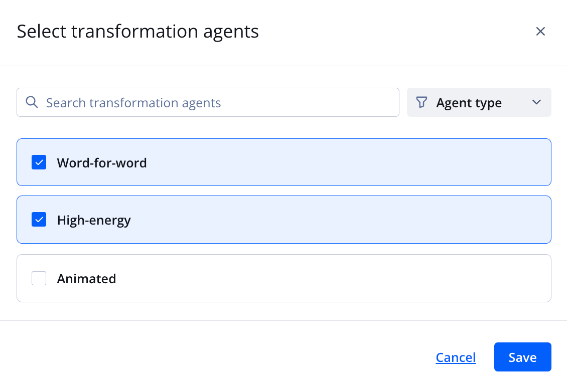 Select transformation agents panel
