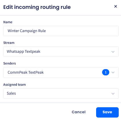 Screenshot of the Edit incoming routing rule dialog box