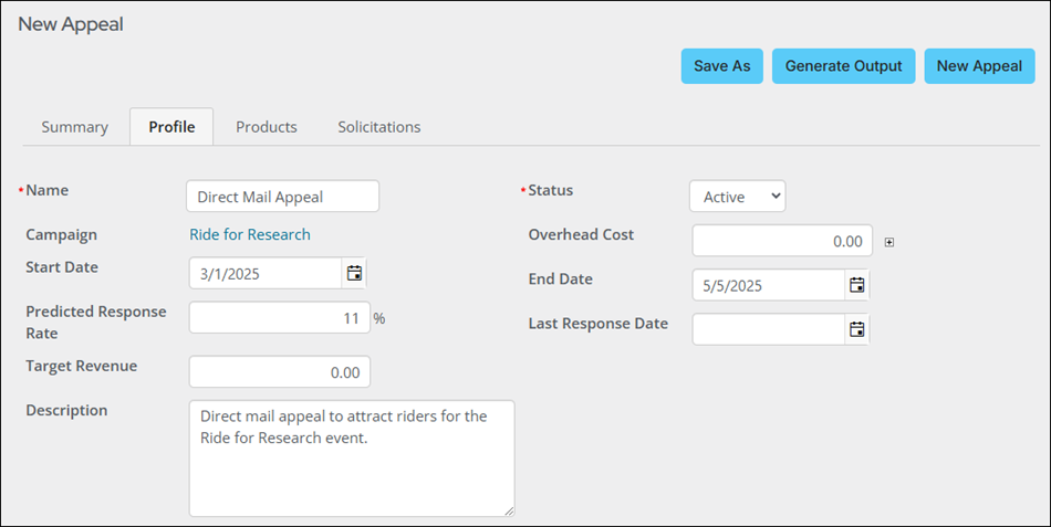 The input fields on the Profile tab of the new appeal contain the details defined in step five.