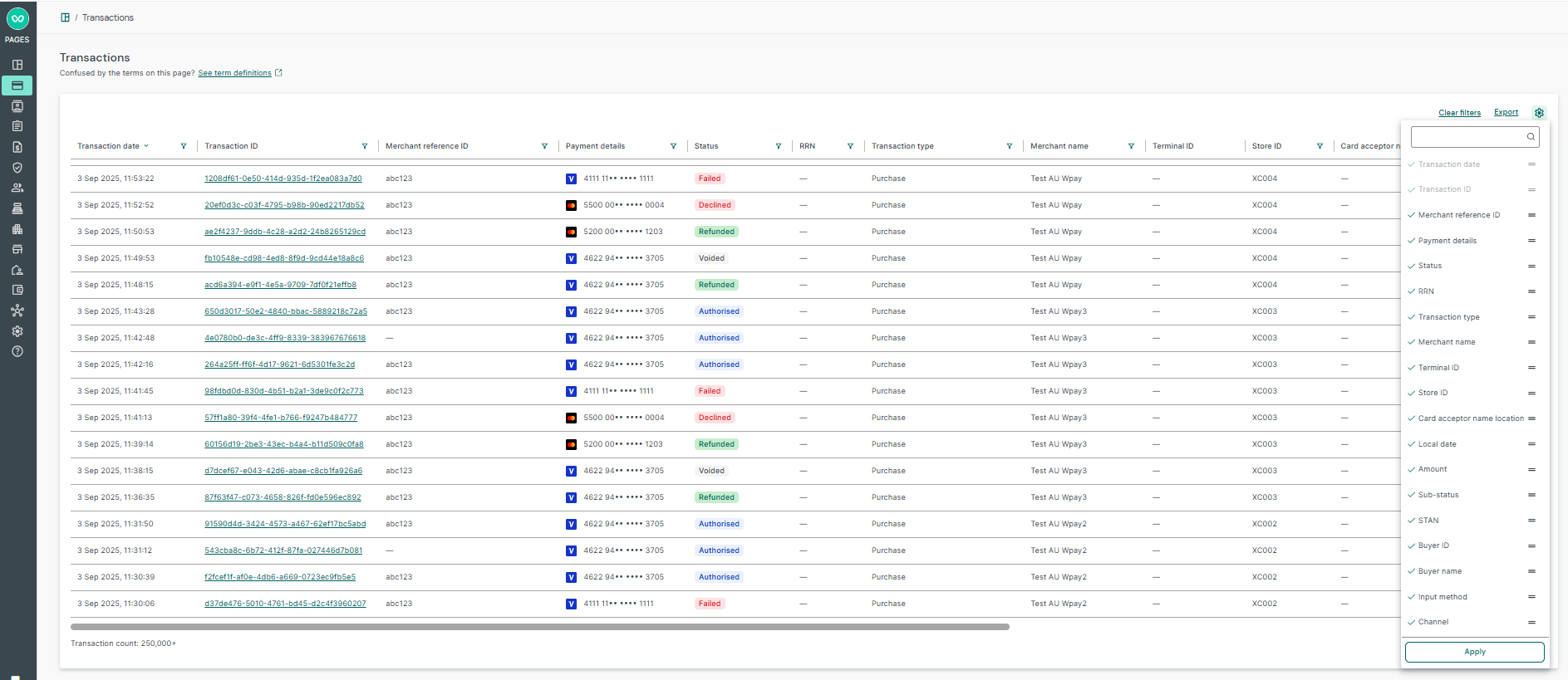 Transaction listing customise column