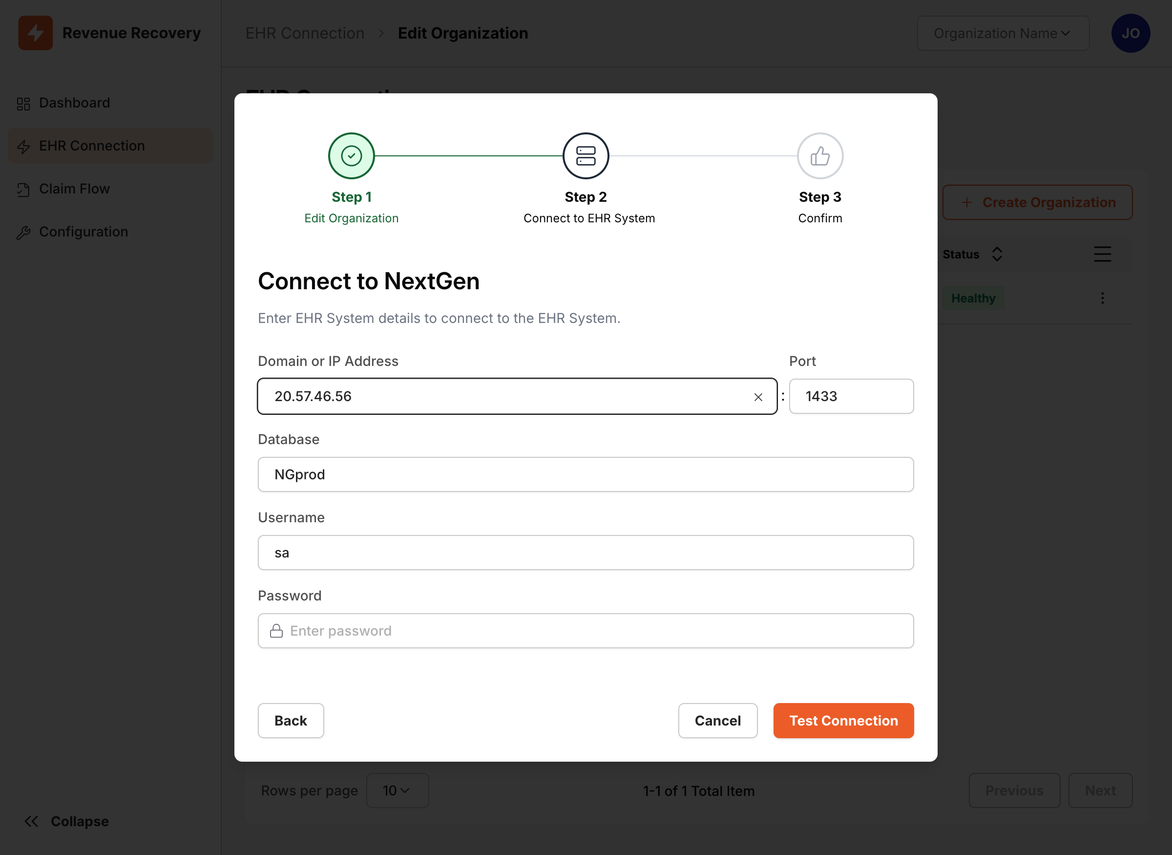 Database connection configuration form showing server, port, database, and credential fields