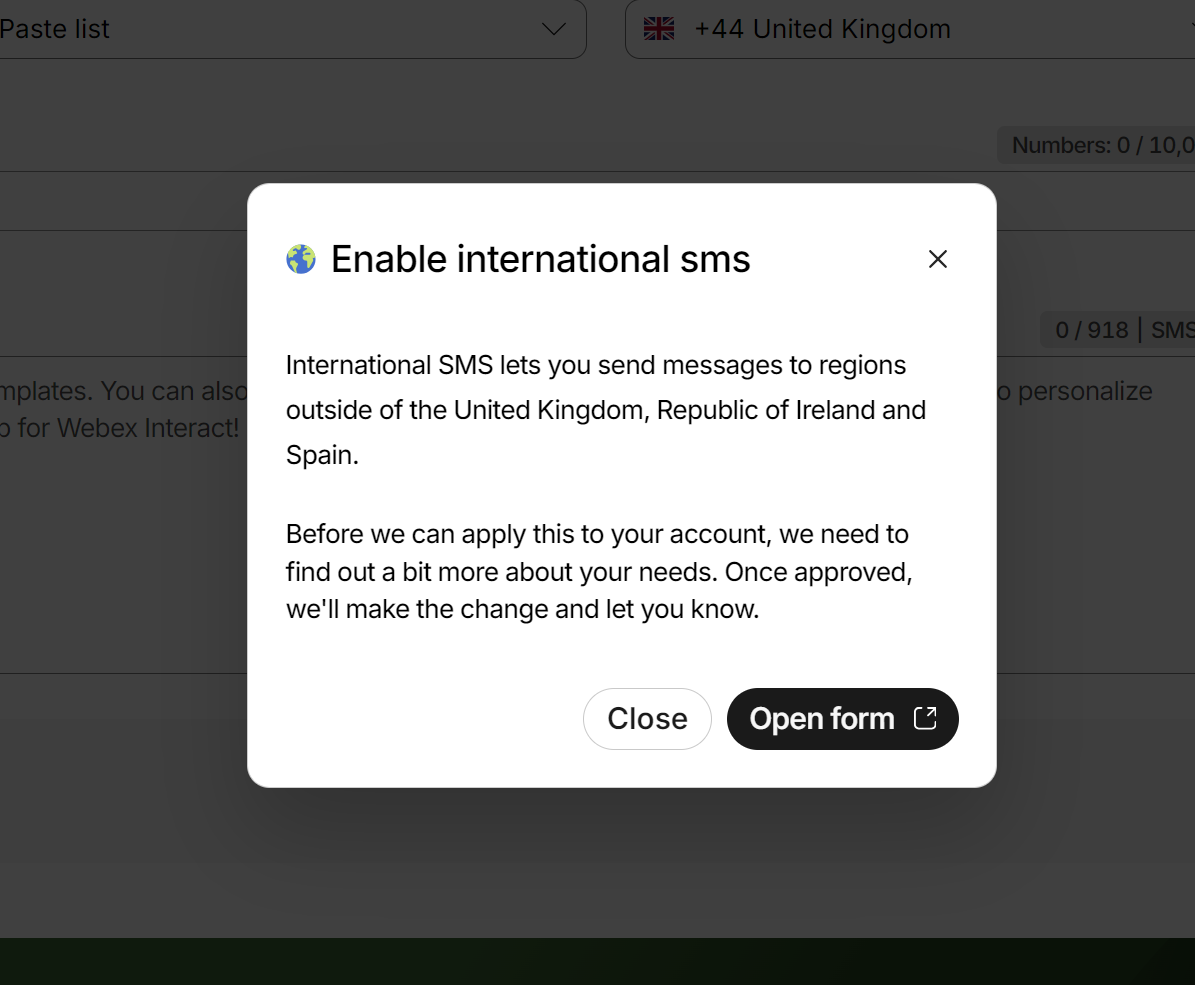 By selecting Enable international sms, you can click through to submit an application form