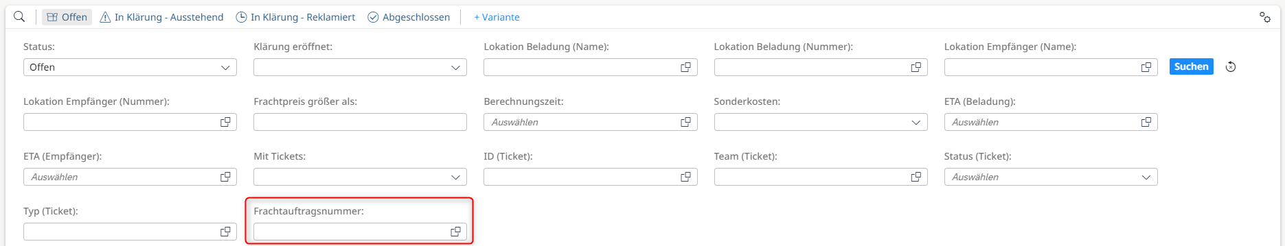 Neue Filtermöglichkeit nach der Frachtauftragsnummer