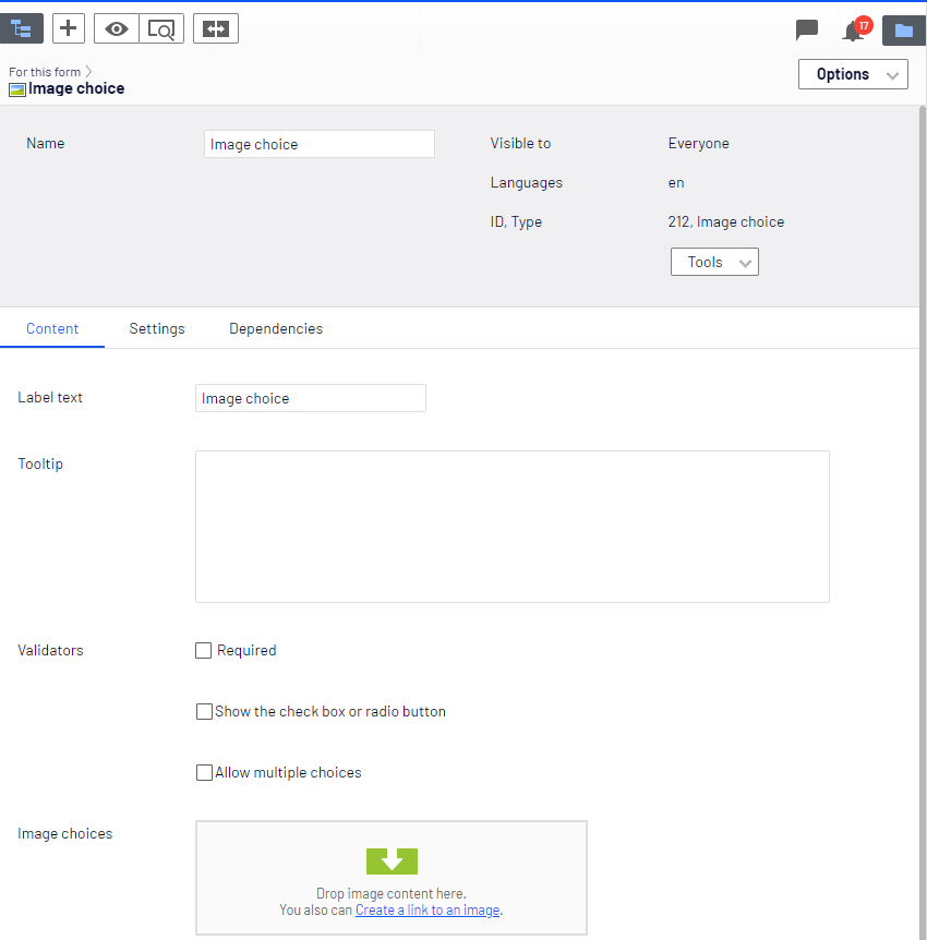 Screenshot of the Image choice element Content tab with Label text, Tooltip, Validators, and Image choices fields where editors configure image selection options