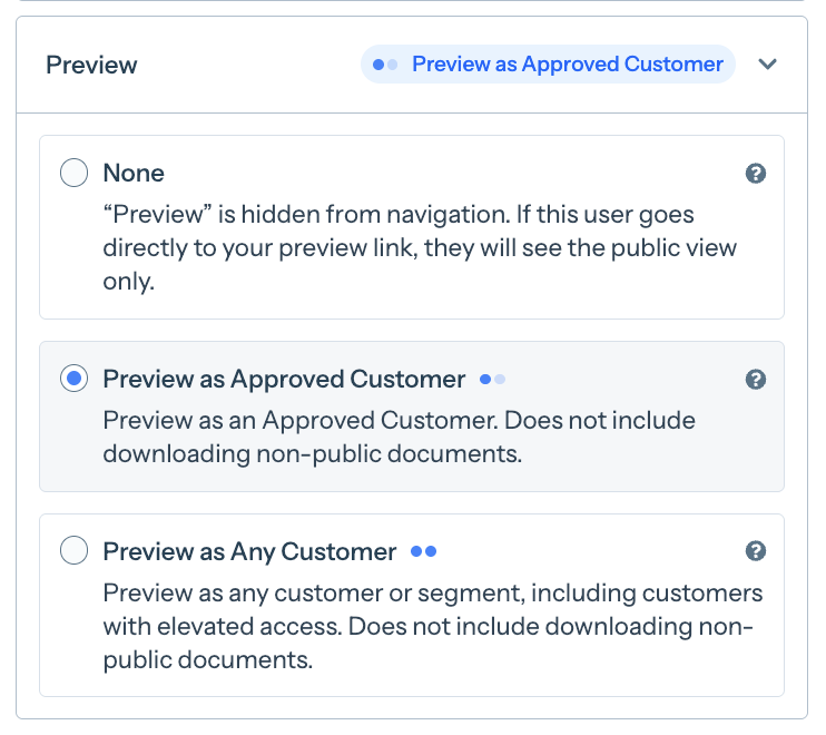 Preview permission settings with three options: None, Preview as Approved Customer (selected), and Preview as Any Customer, each with a short description.
