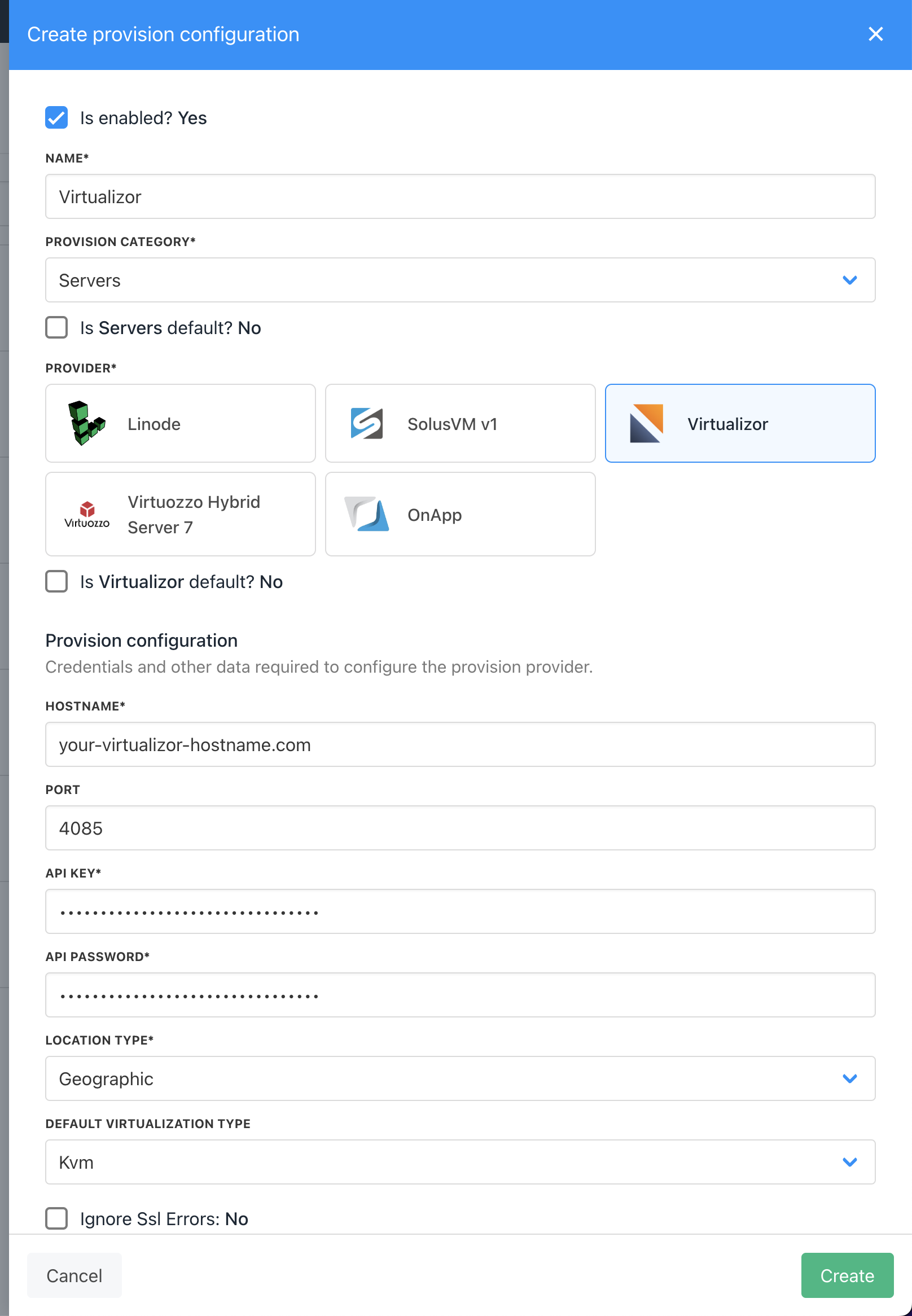 Create provision configuration