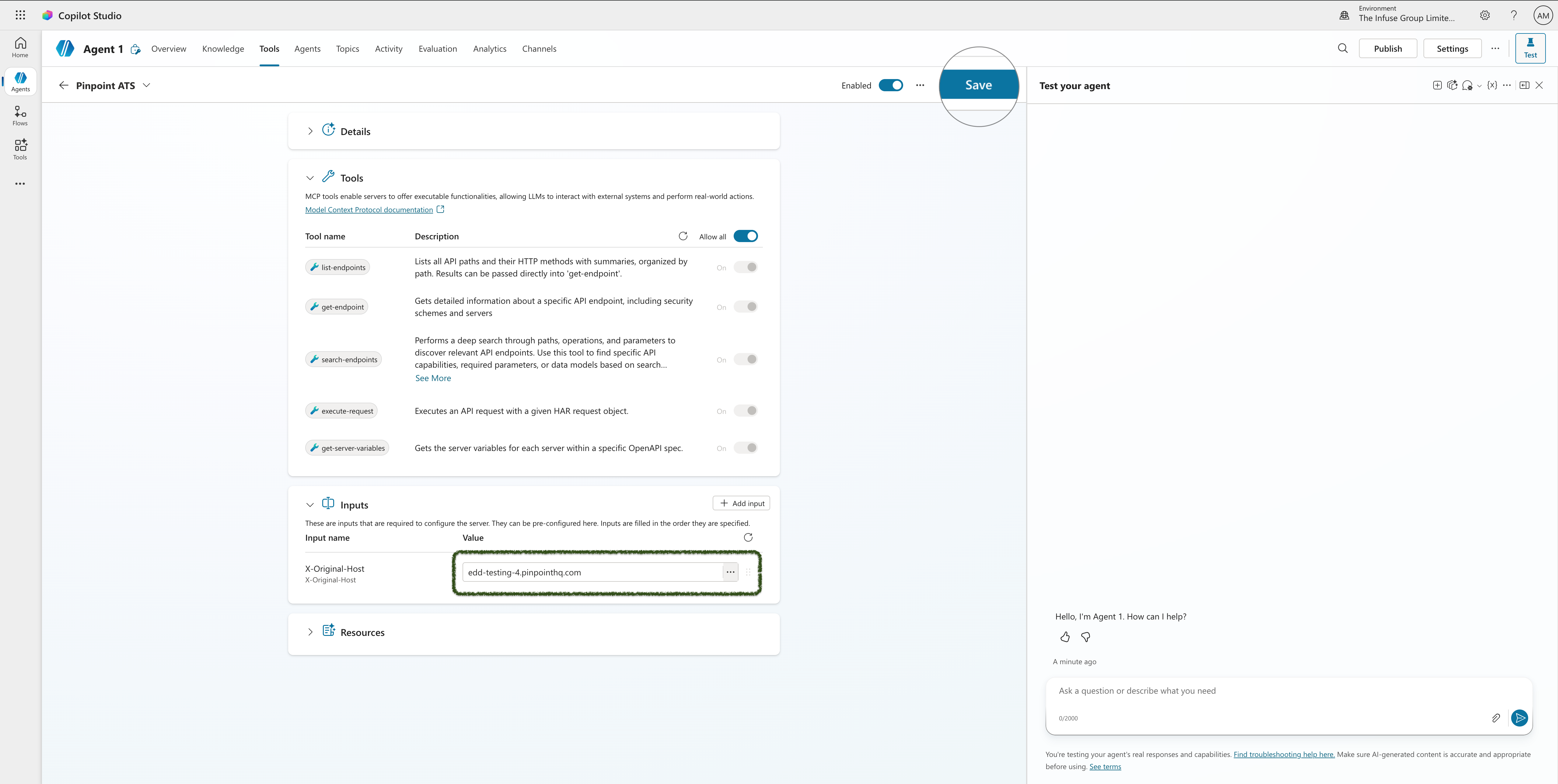 Step 12 – Agent Tools tab showing Pinpoint ATS tool listed