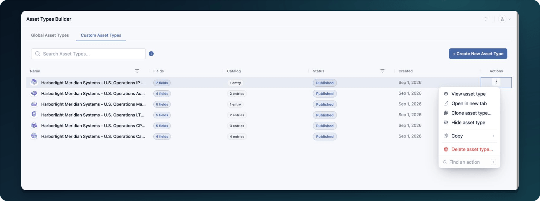Asset Type actions menu showing view, open, clone, visibility, copy, and delete actions for a published example row.
