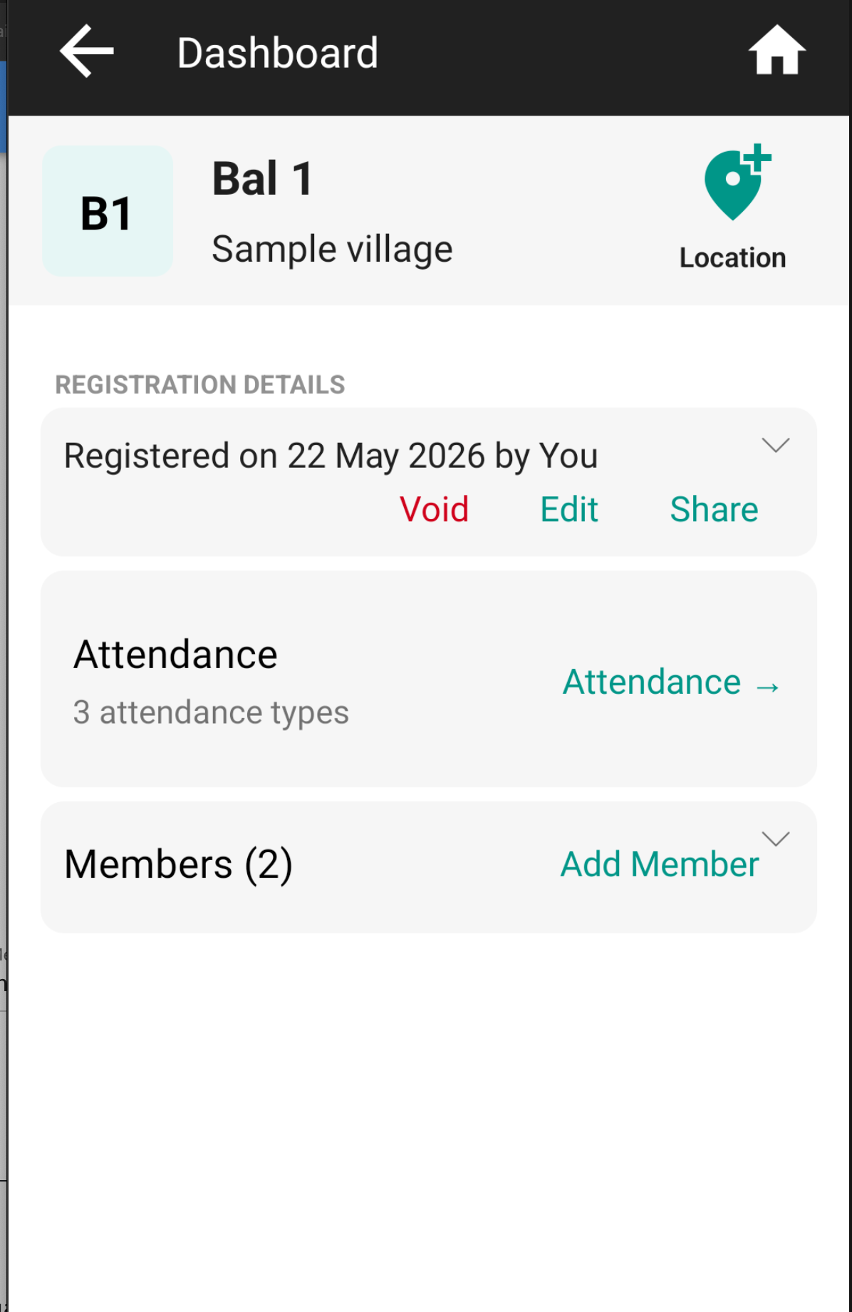 Android group-subject dashboard with the Attendance section and entry point