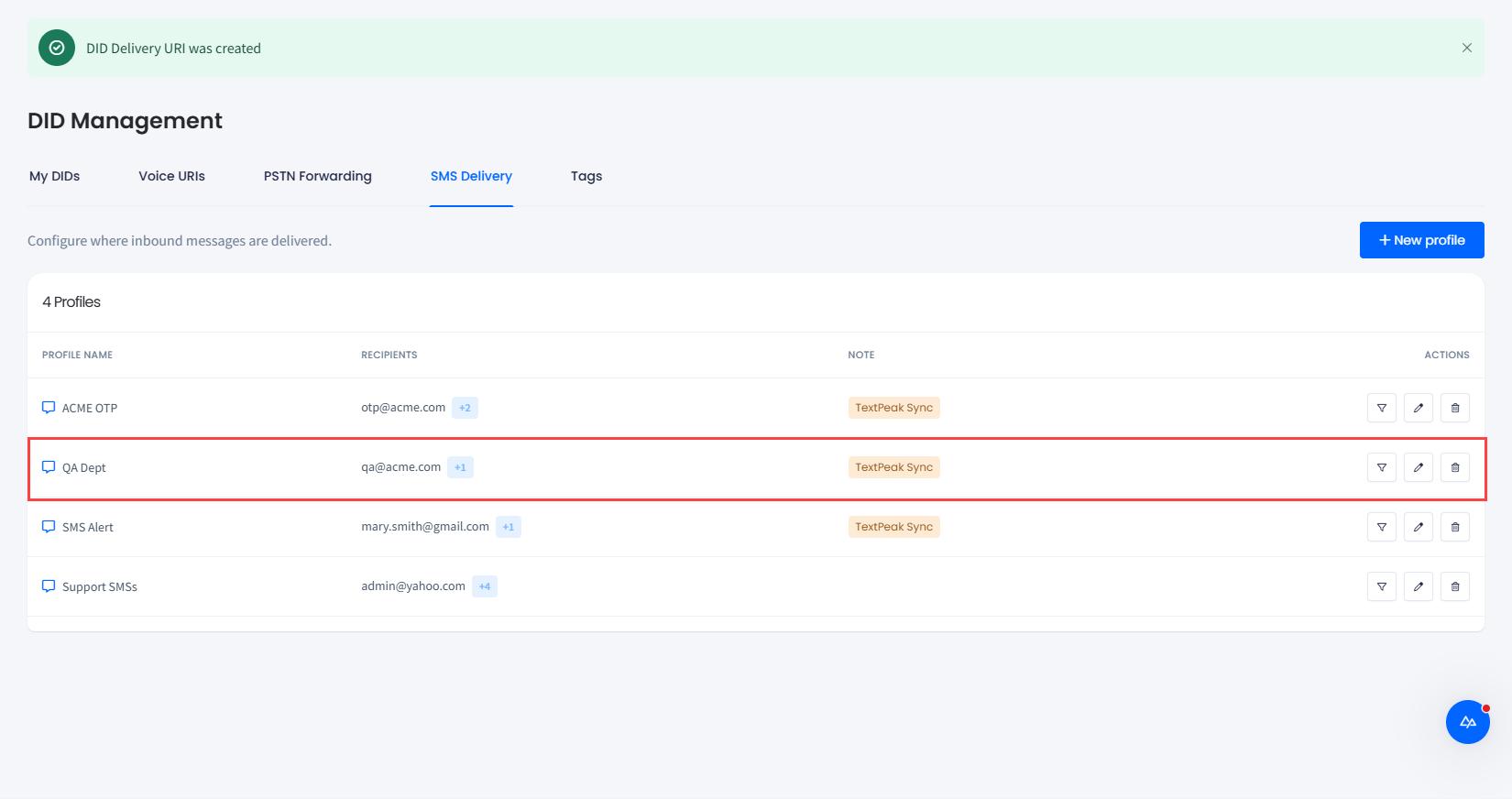 Screenshot with the SMS delivery profile created