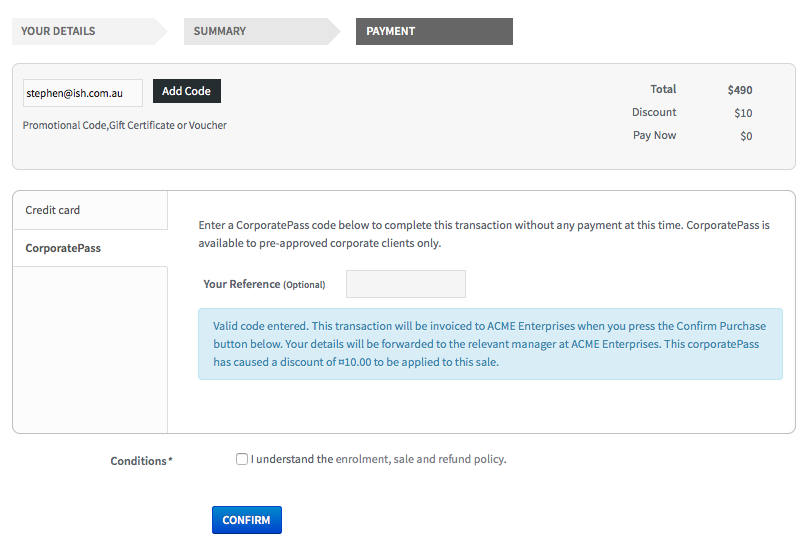 Figure 174. Using a Corporate Pass that is linked to a discount