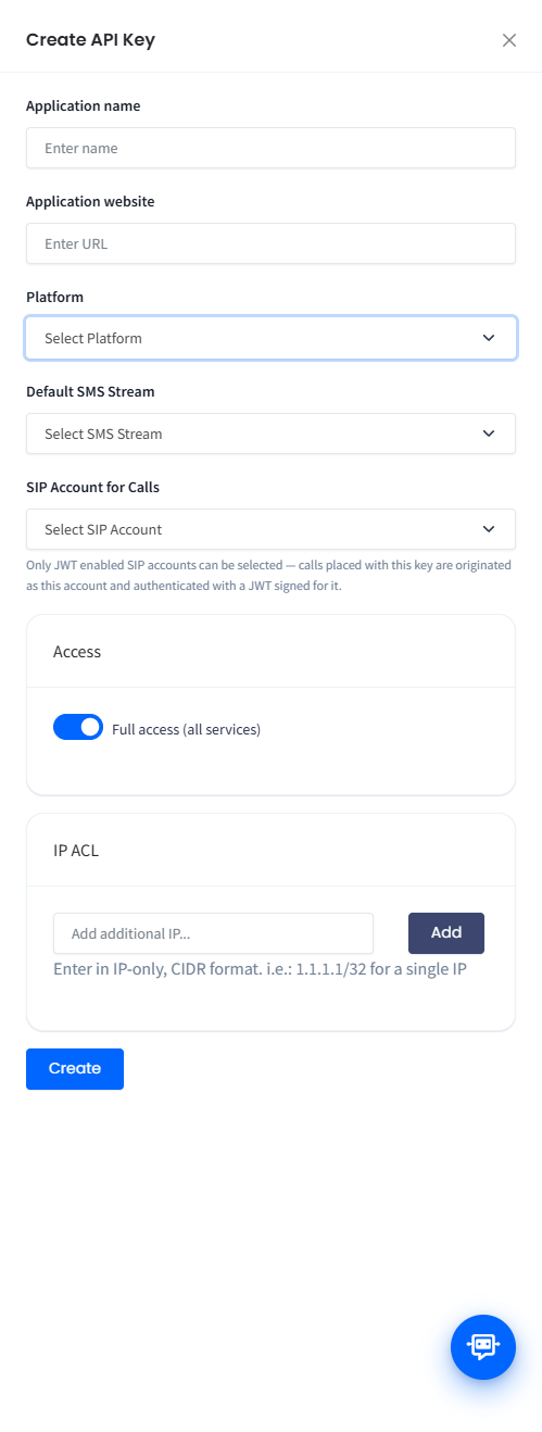 Screendshot of screating a new SMS Stream token
