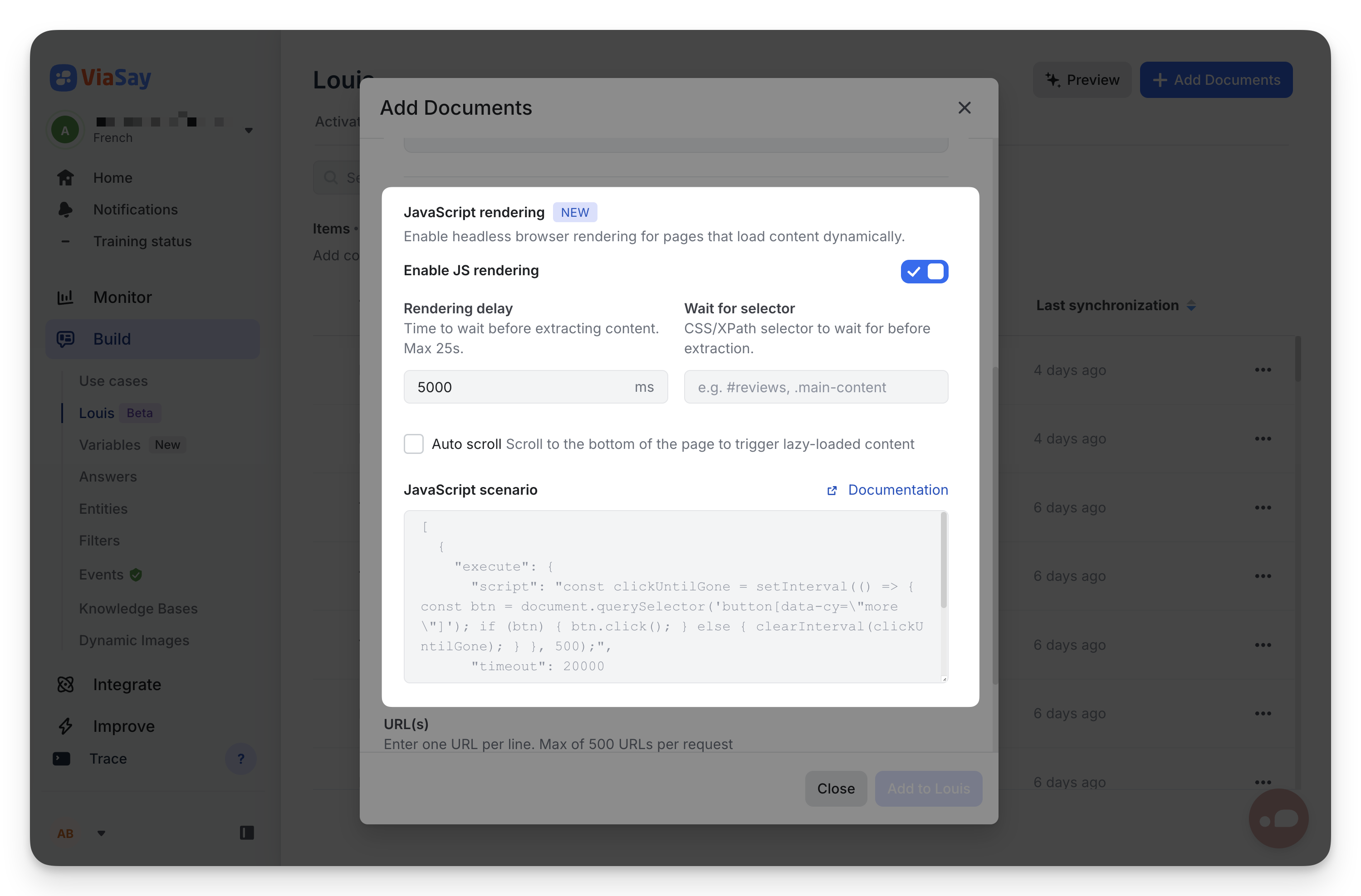 JavaScript rendering panel — toggle and options