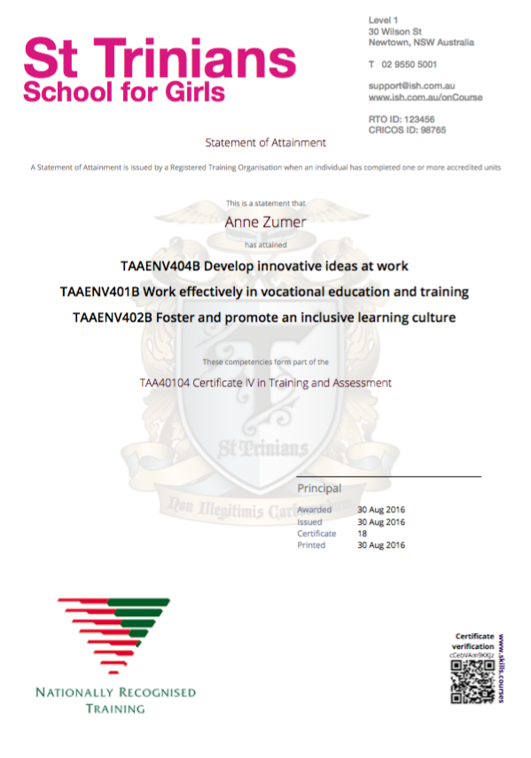 Figure 432. Statement of Attainment PDF available in the portal for the student to download or print