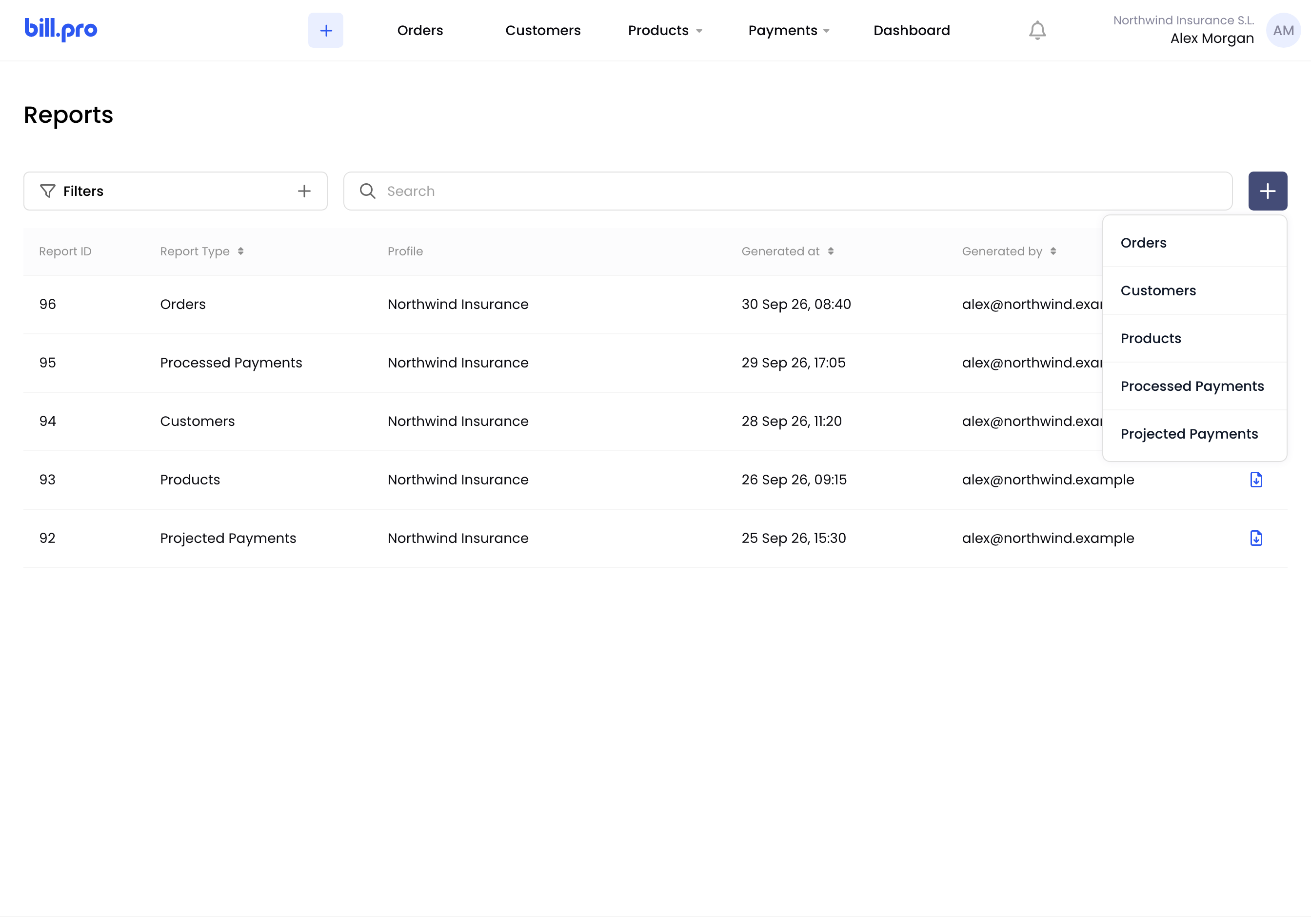 The menu of report types