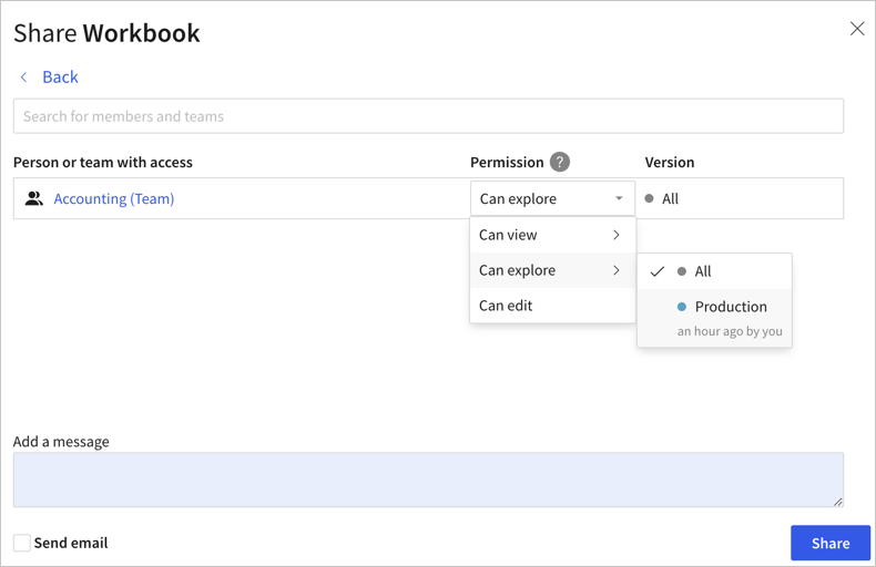 The share workbook modal, with the Can Explore permission highlighted to show the ALL tags option selected, and one other tag available to select.