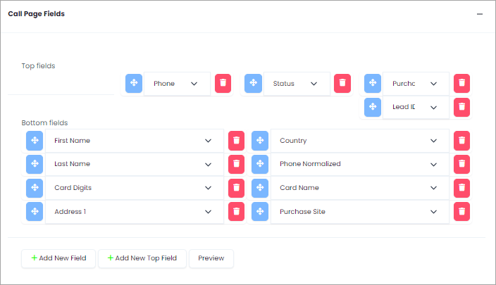 Screenshot of call page fields' settings